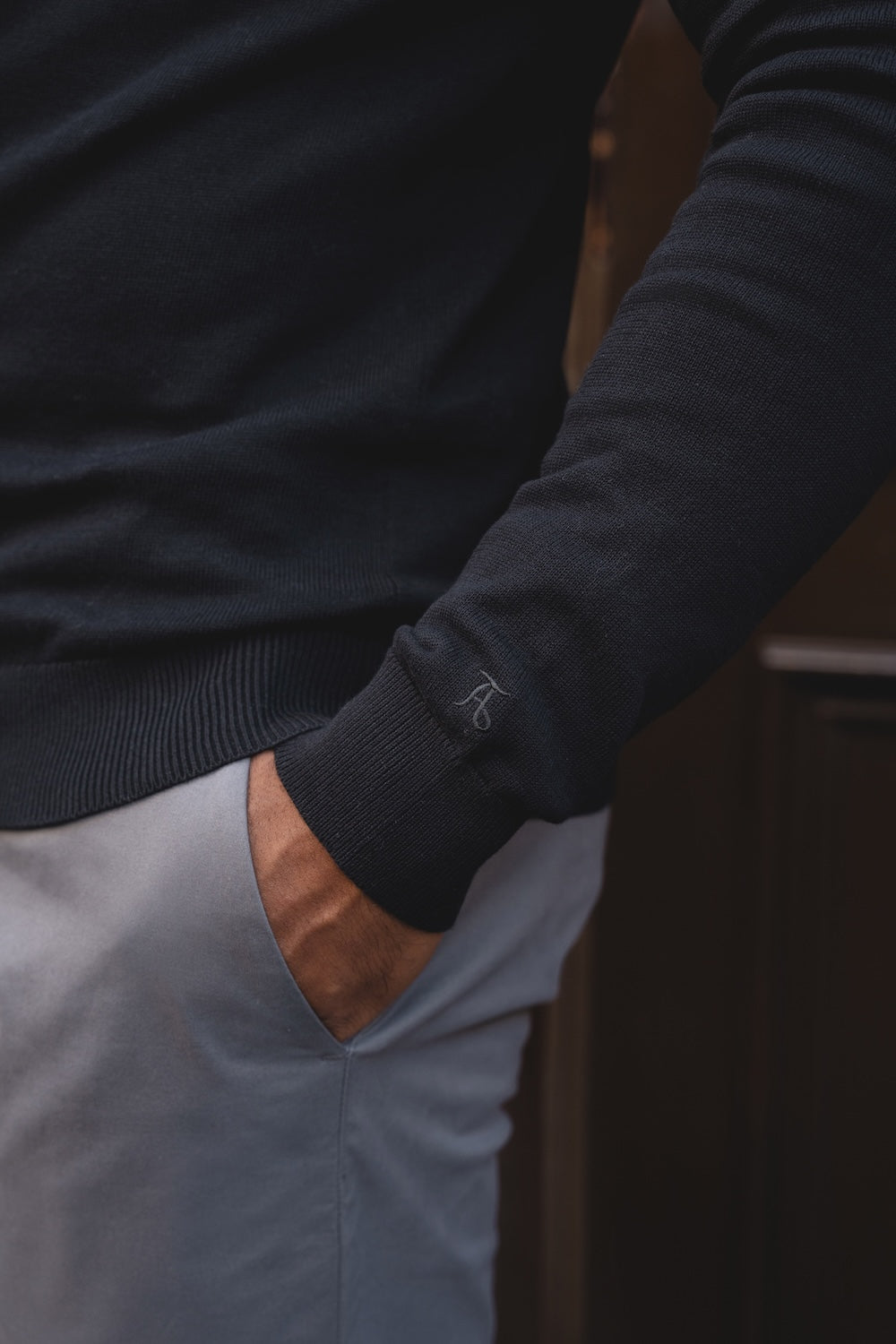 Pure Cotton Knitted Half Zip Neck Sweater in Black