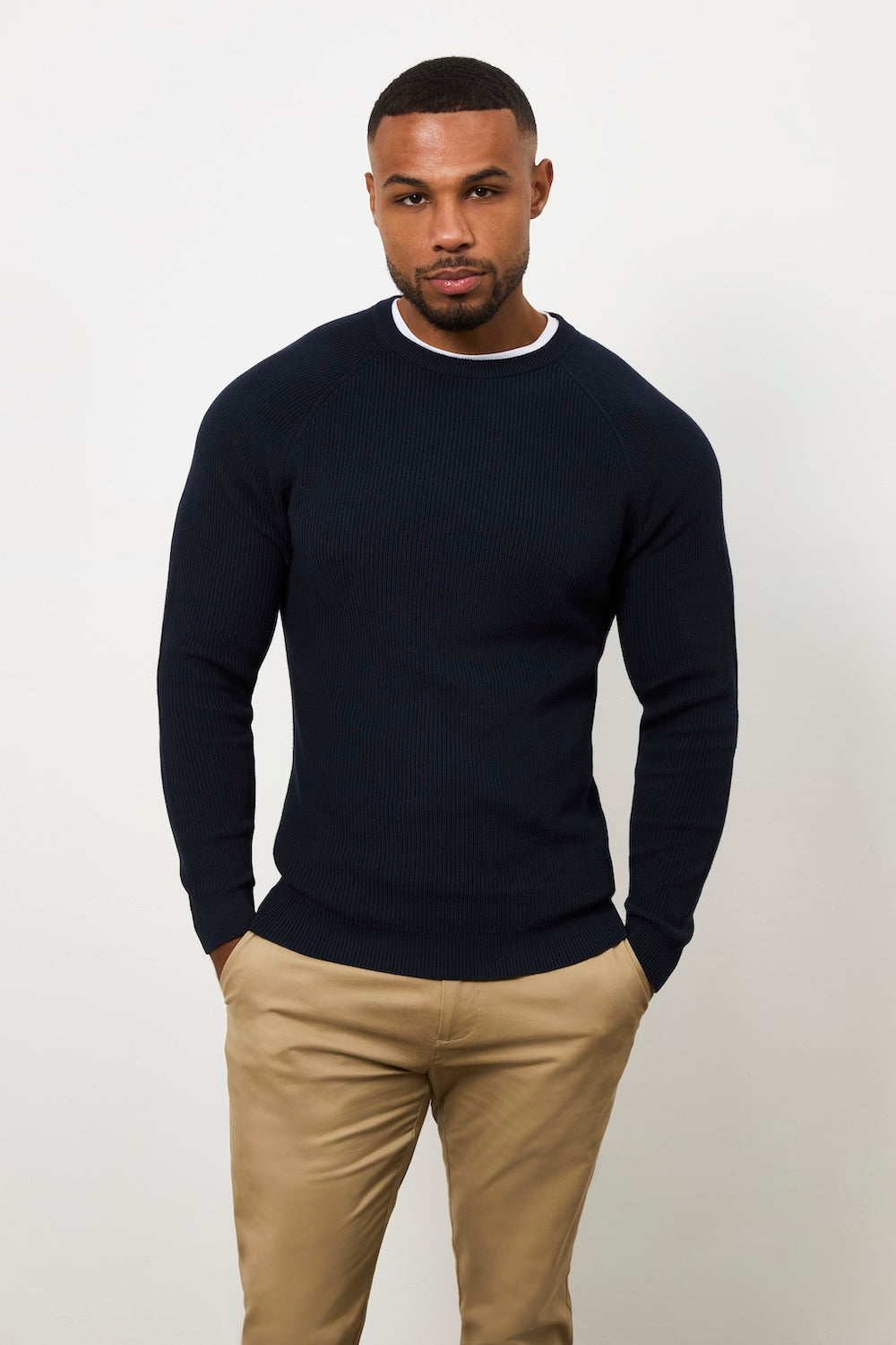 Pure Cotton Knitted Textured Crew Neck Sweater in Navy
