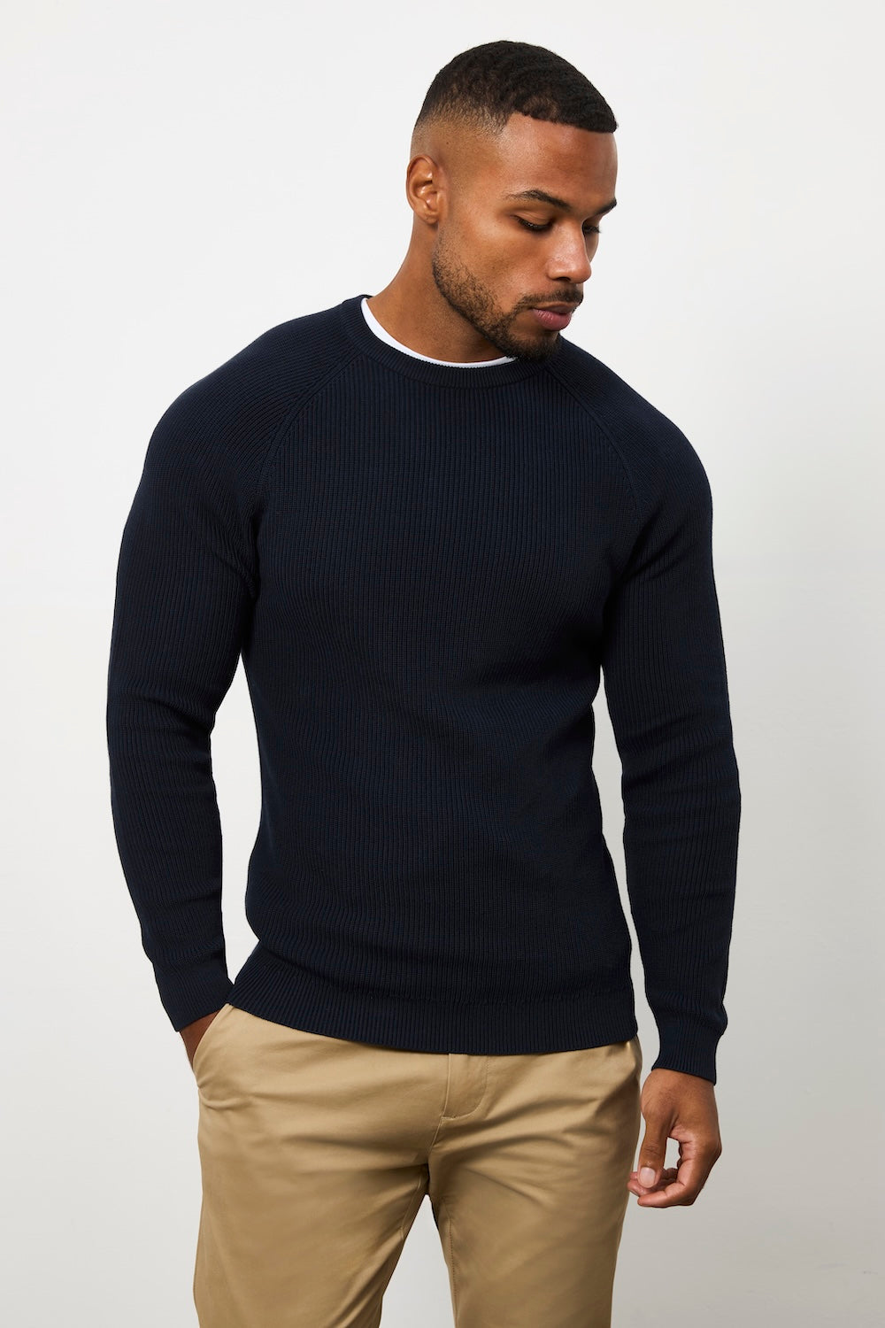 Pure Cotton Knitted Textured Crew Neck Sweater in Navy