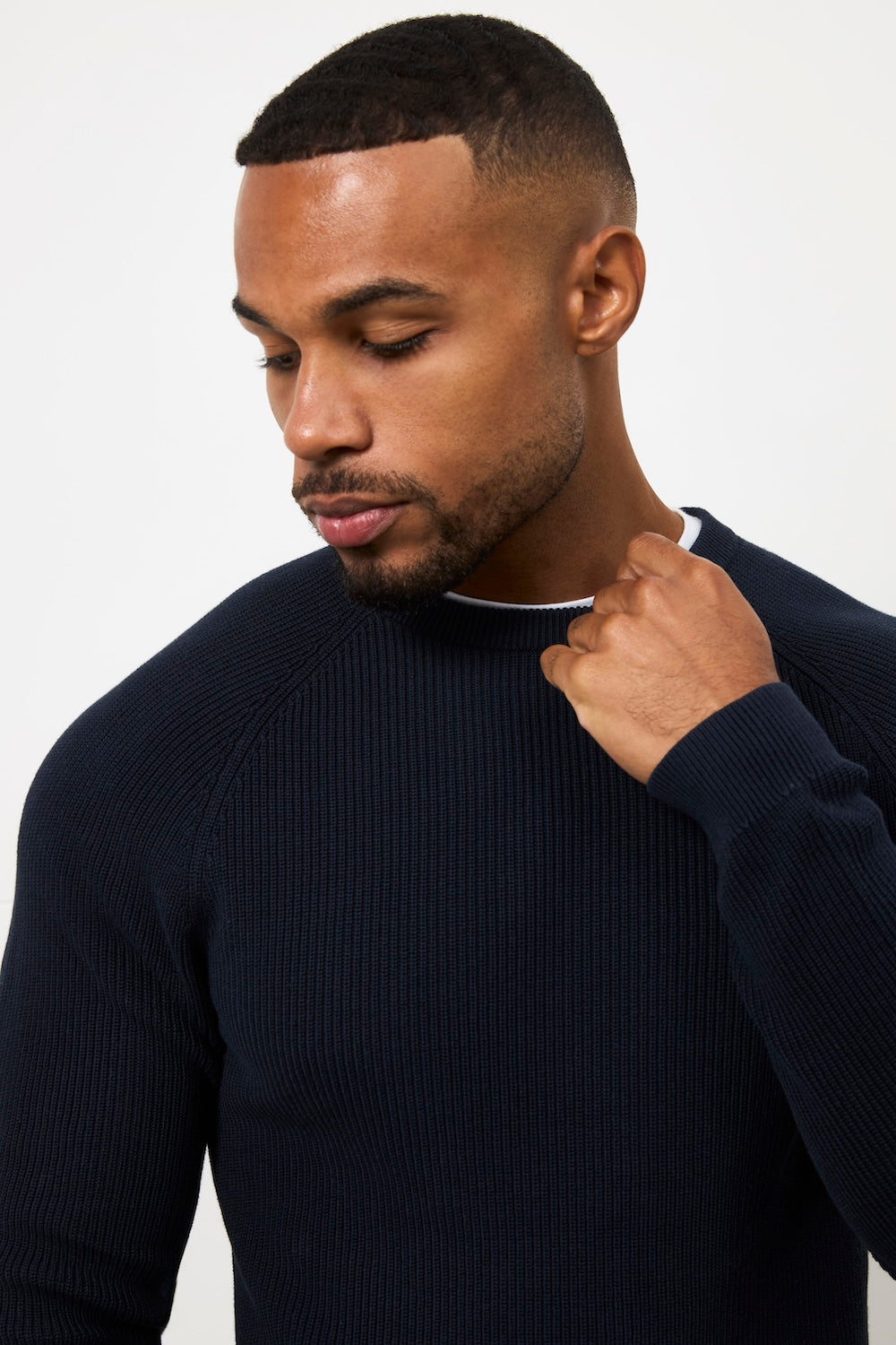 Pure Cotton Knitted Textured Crew Neck Sweater in Navy