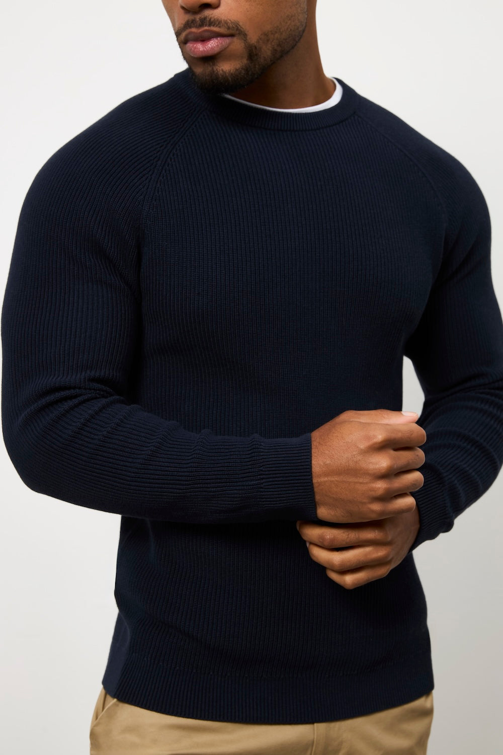 Pure Cotton Knitted Textured Crew Neck Sweater in Navy
