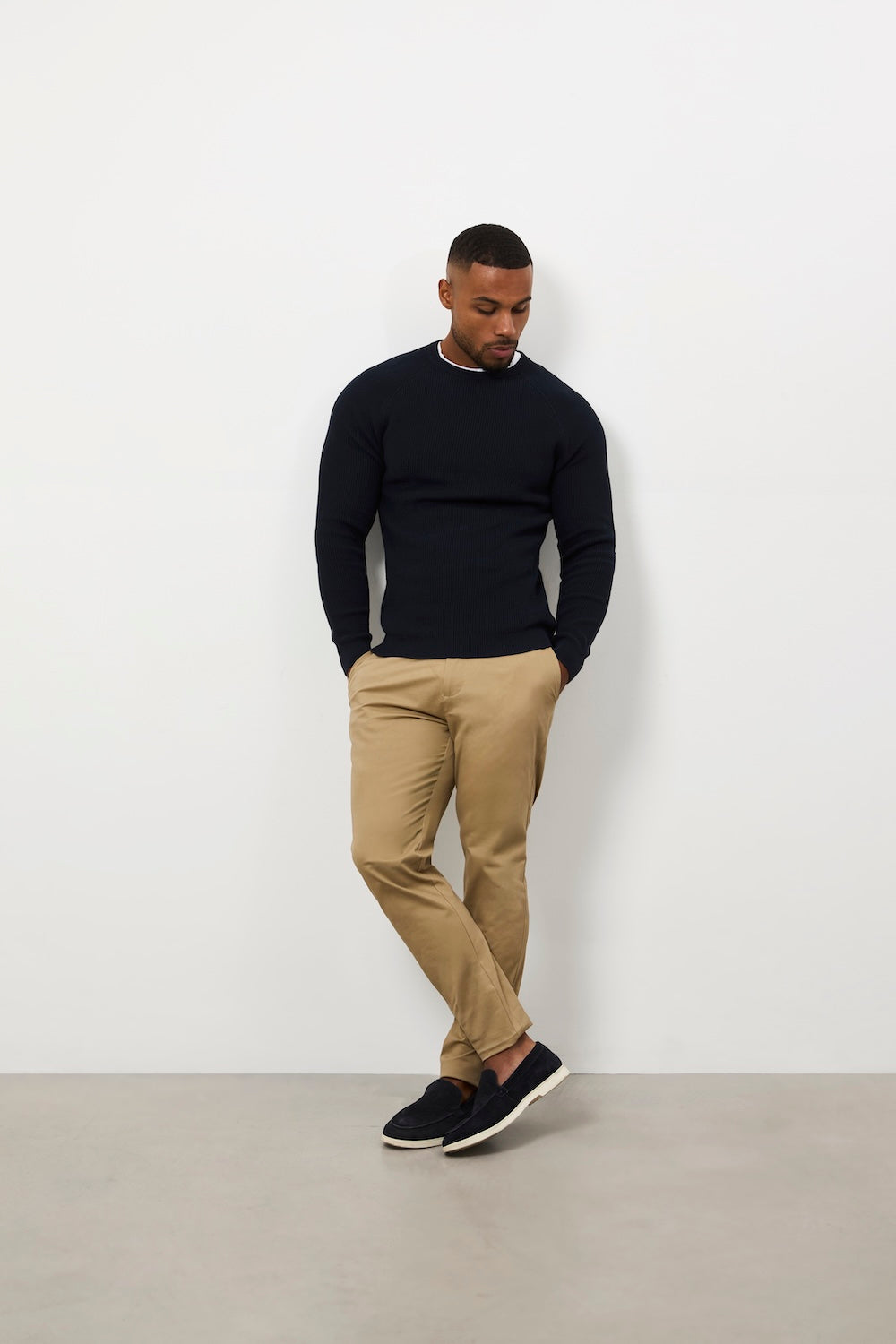 Pure Cotton Knitted Textured Crew Neck Sweater in Navy