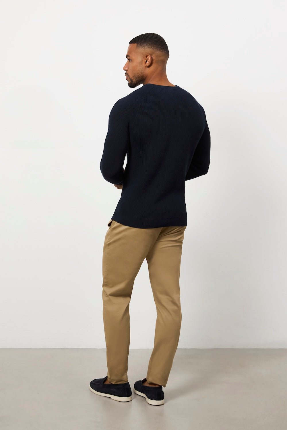 Pure Cotton Knitted Textured Crew Neck Sweater in Navy
