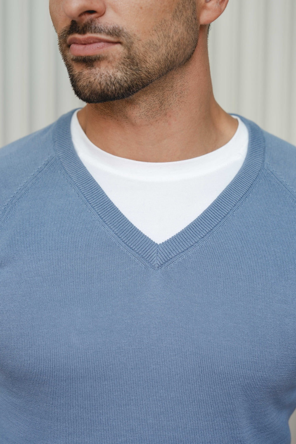 Pure Cotton Knitted V-Neck Sweater in Airforce Blue
