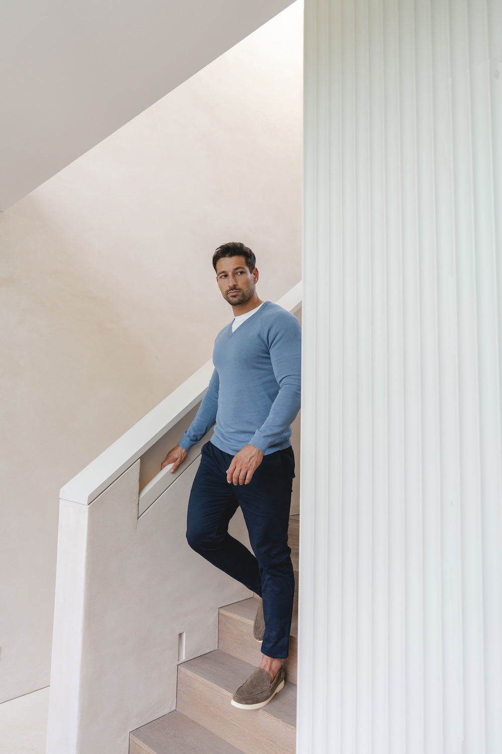 Pure Cotton Knitted V-Neck Sweater in Airforce Blue