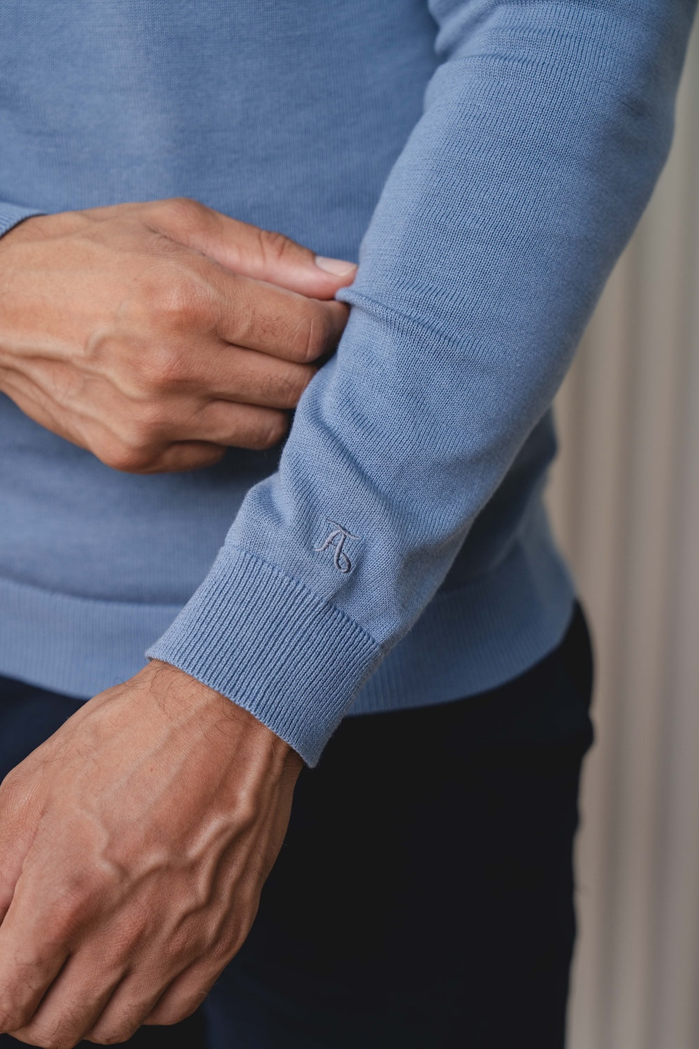 Pure Cotton Knitted V-Neck Sweater in Airforce Blue