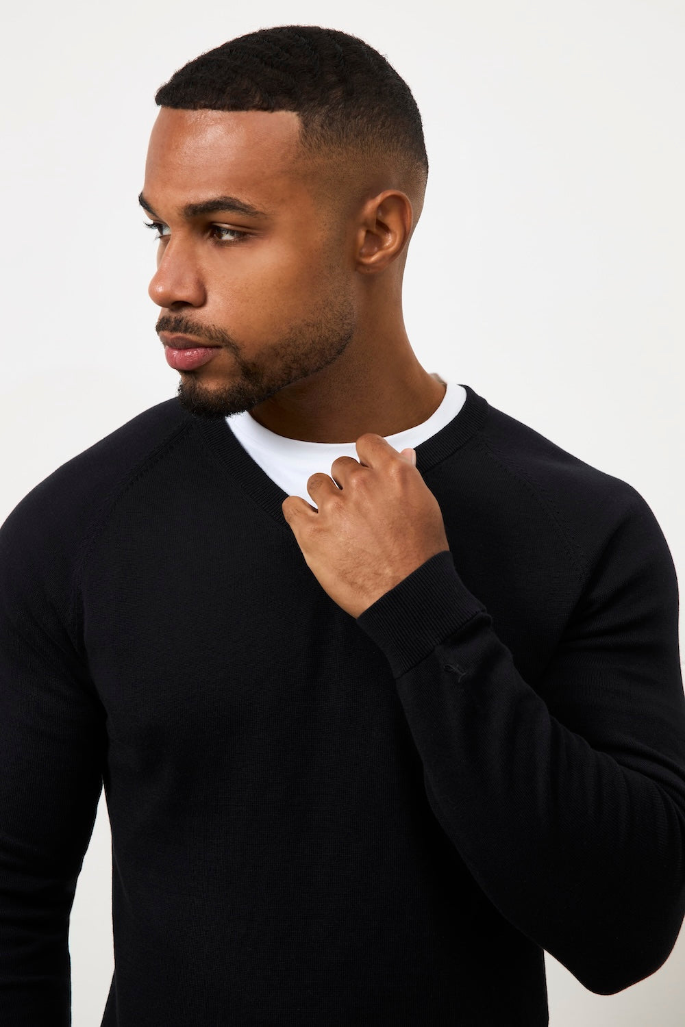 Pure Cotton Knitted V-Neck Sweater in Black