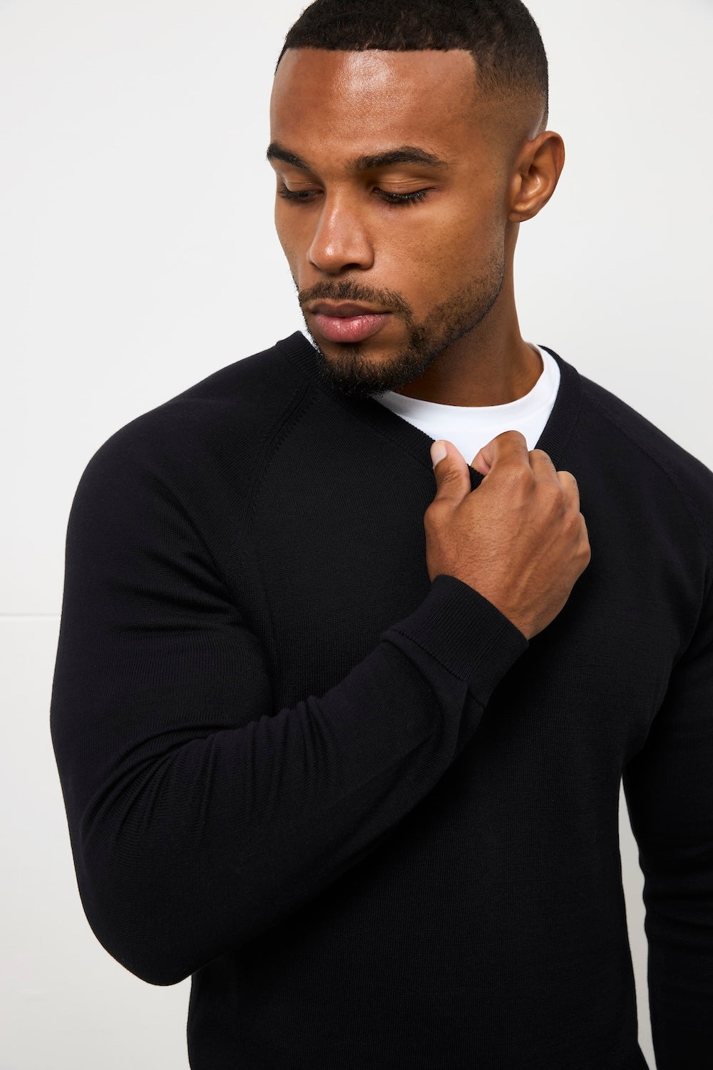Pure Cotton Knitted V-Neck Sweater in Black