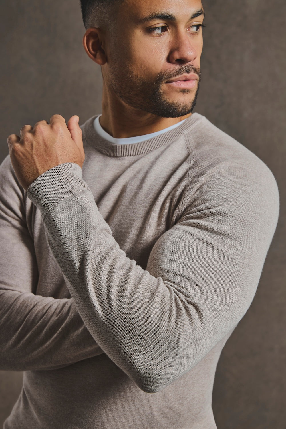 Pure Cotton Knitted Crew Neck Sweater in Neutral Marl