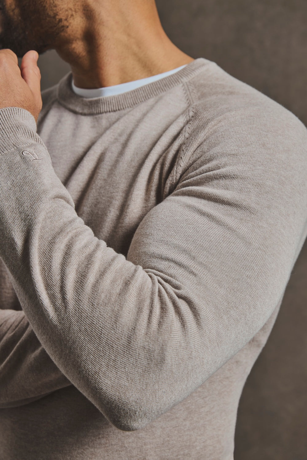 Pure Cotton Knitted Crew Neck Sweater in Neutral Marl