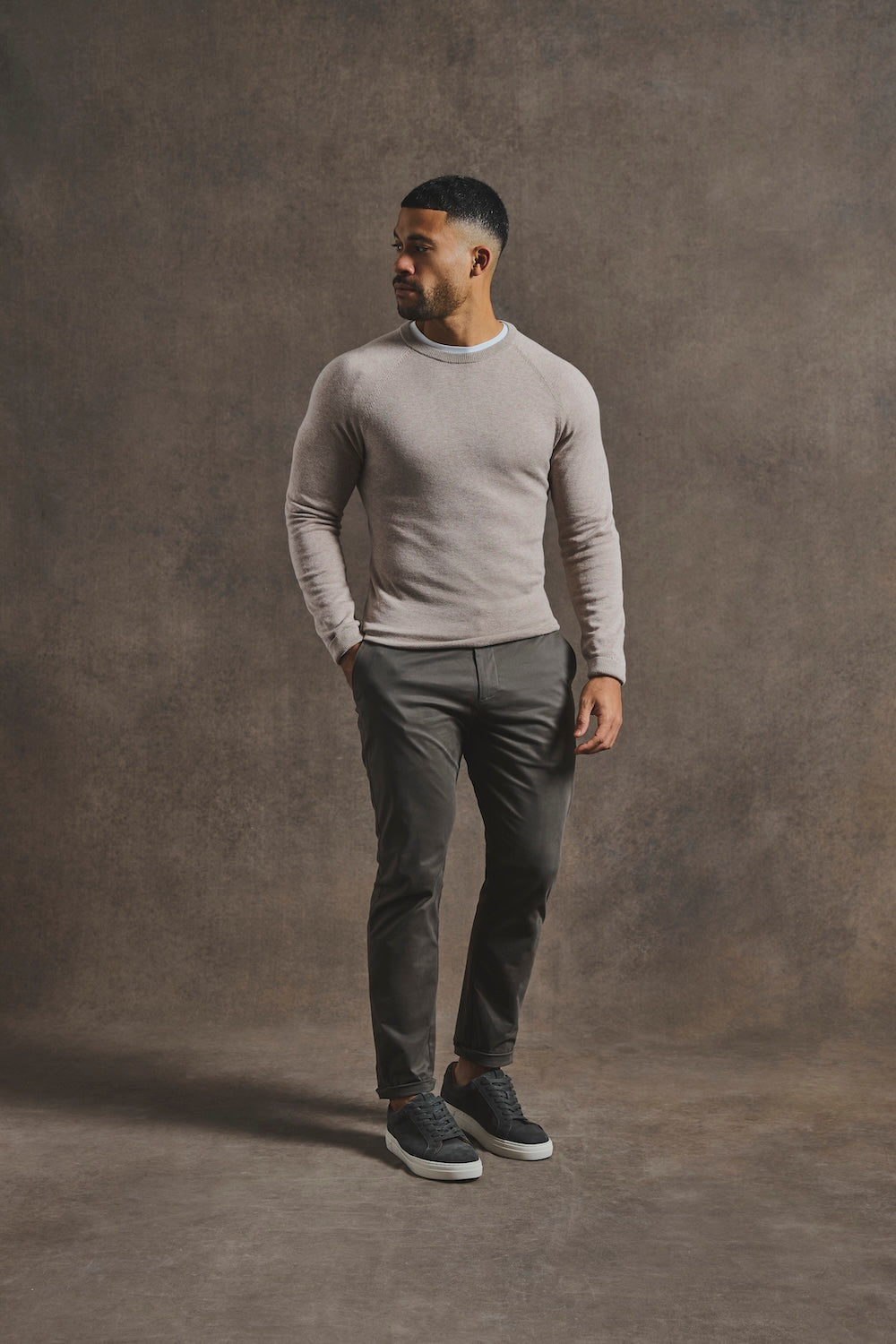 Pure Cotton Knitted Crew Neck Sweater in Neutral Marl
