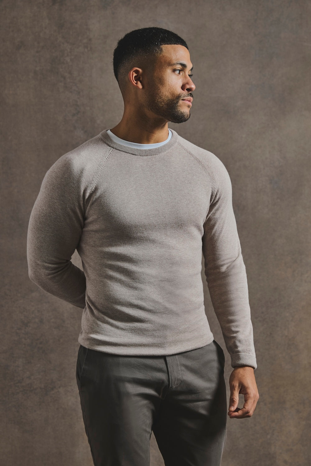 Pure Cotton Knitted Crew Neck Sweater in Neutral Marl