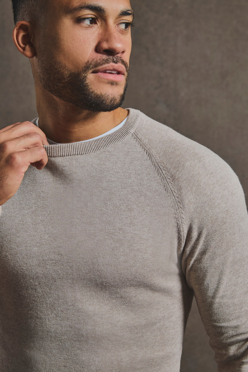 Pure Cotton Knitted Crew Neck Sweater in Neutral Marl