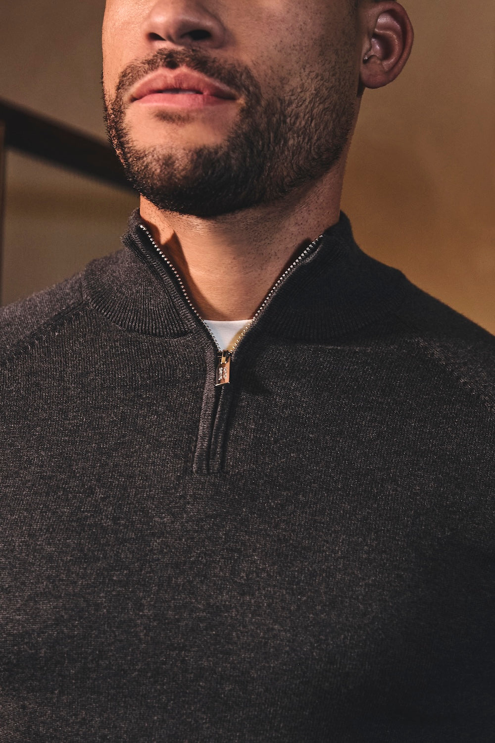 Pure Cotton Knitted Half Zip Neck Sweater in Dark Charcoal Marl
