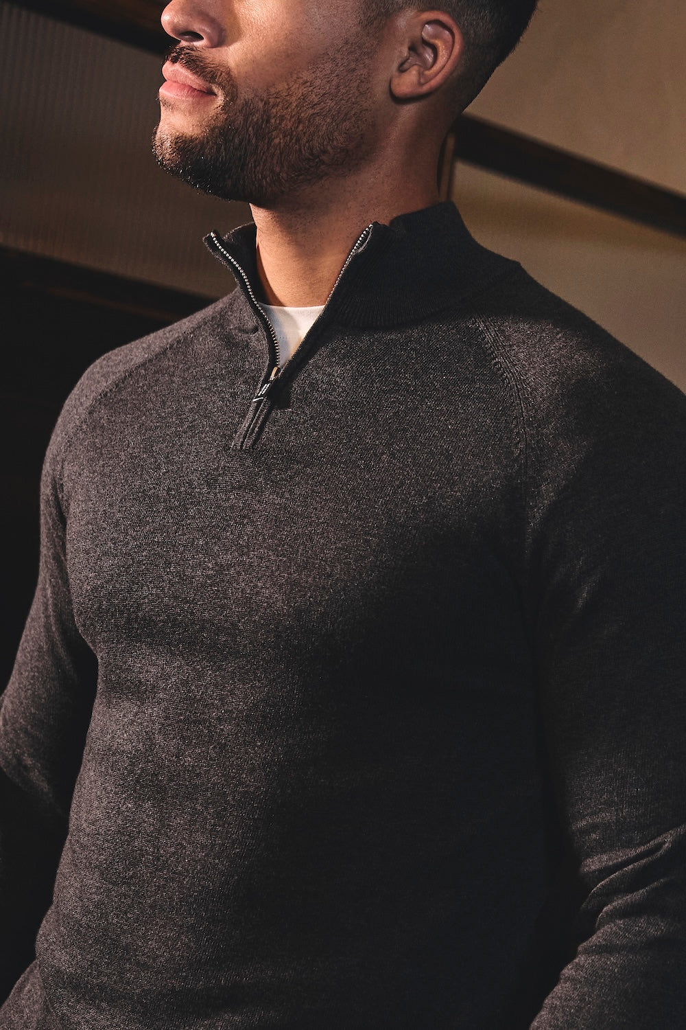 Pure Cotton Knitted Half Zip Neck Sweater in Dark Charcoal Marl