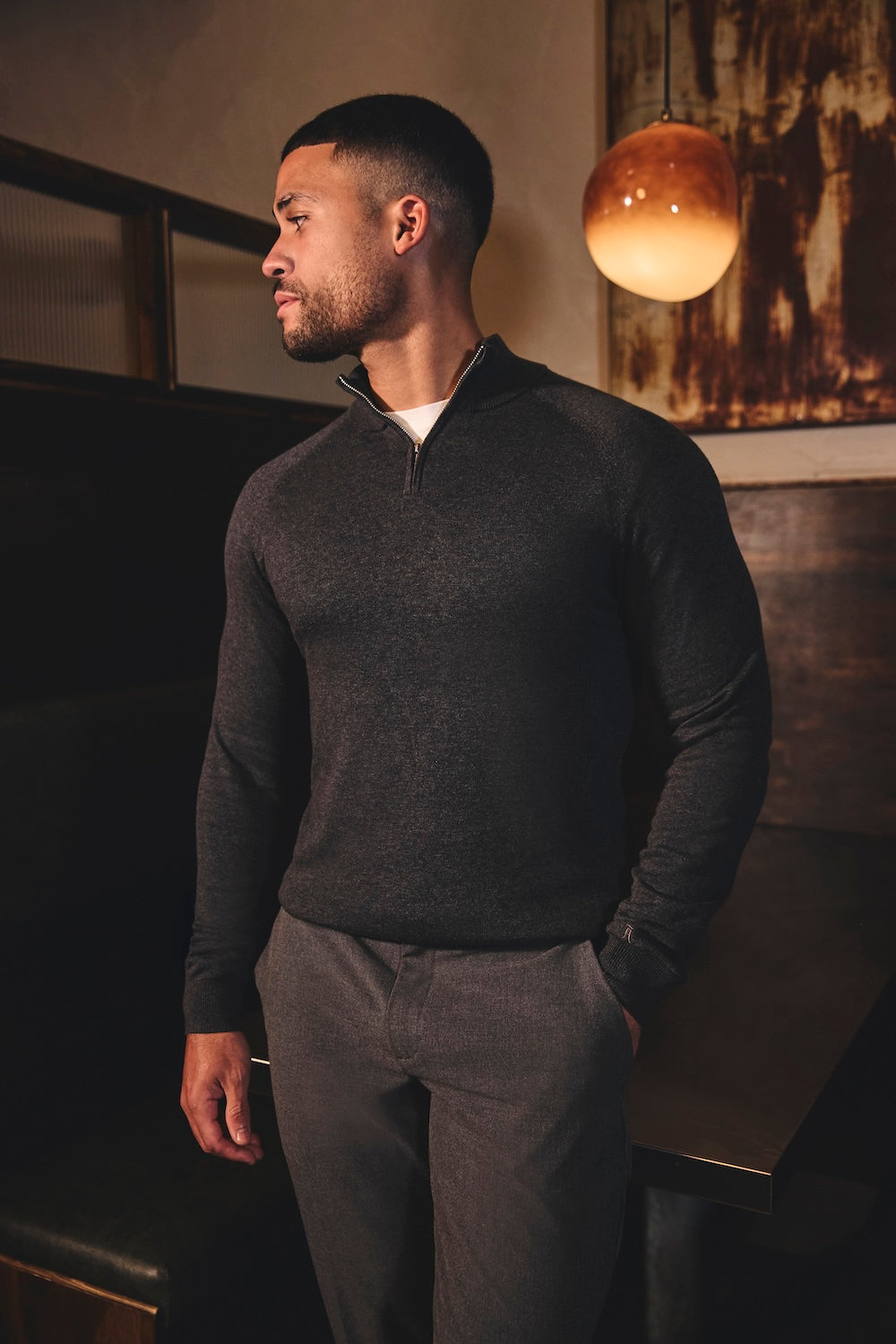 Pure Cotton Knitted Half Zip Neck Sweater in Dark Charcoal Marl