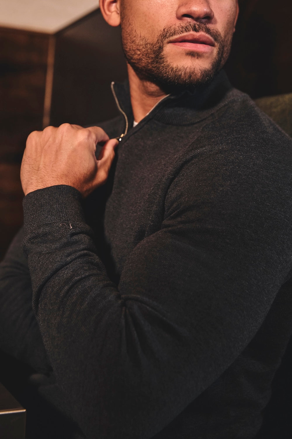 Pure Cotton Knitted Half Zip Neck Sweater in Dark Charcoal Marl