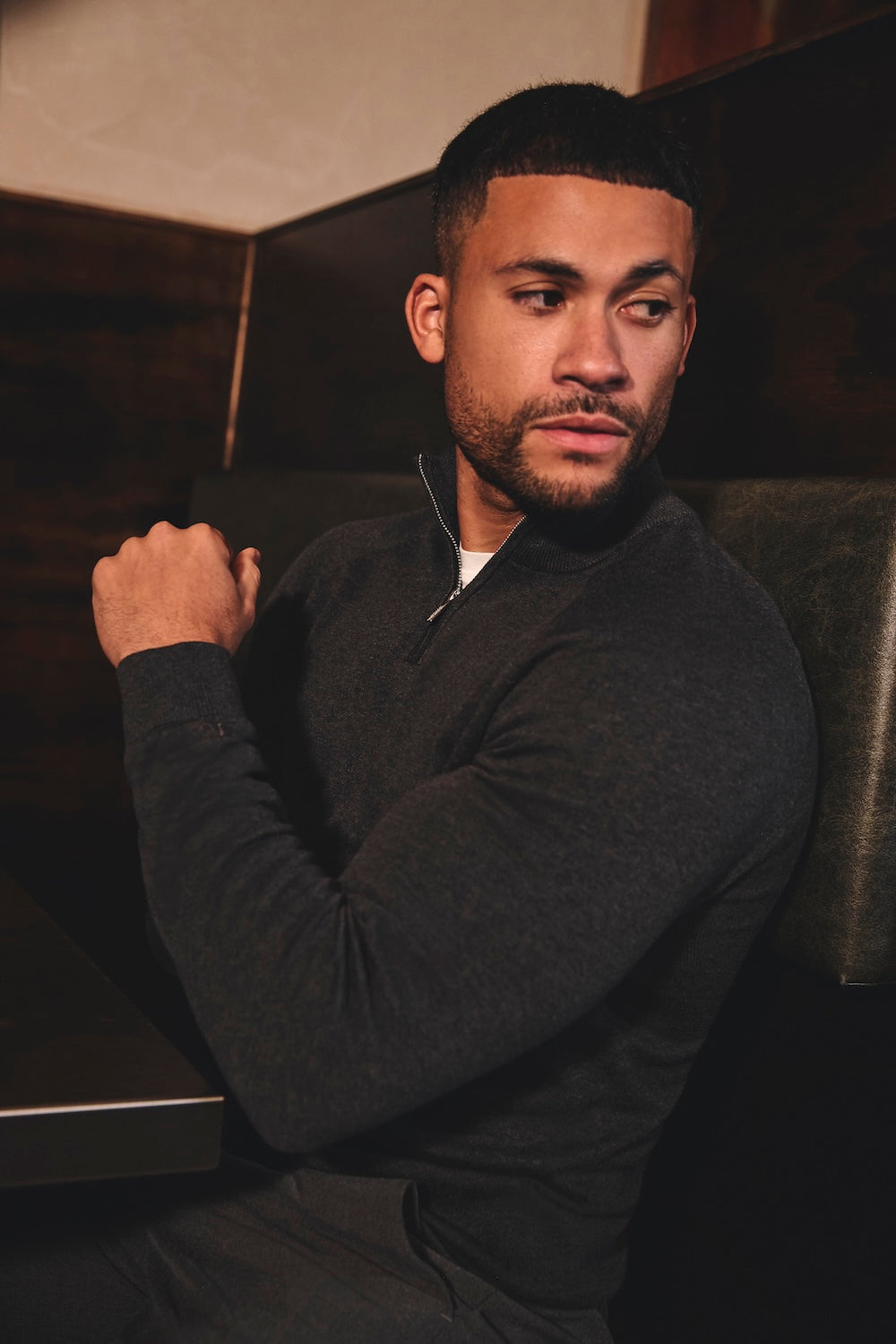 Pure Cotton Knitted Half Zip Neck Sweater in Dark Charcoal Marl