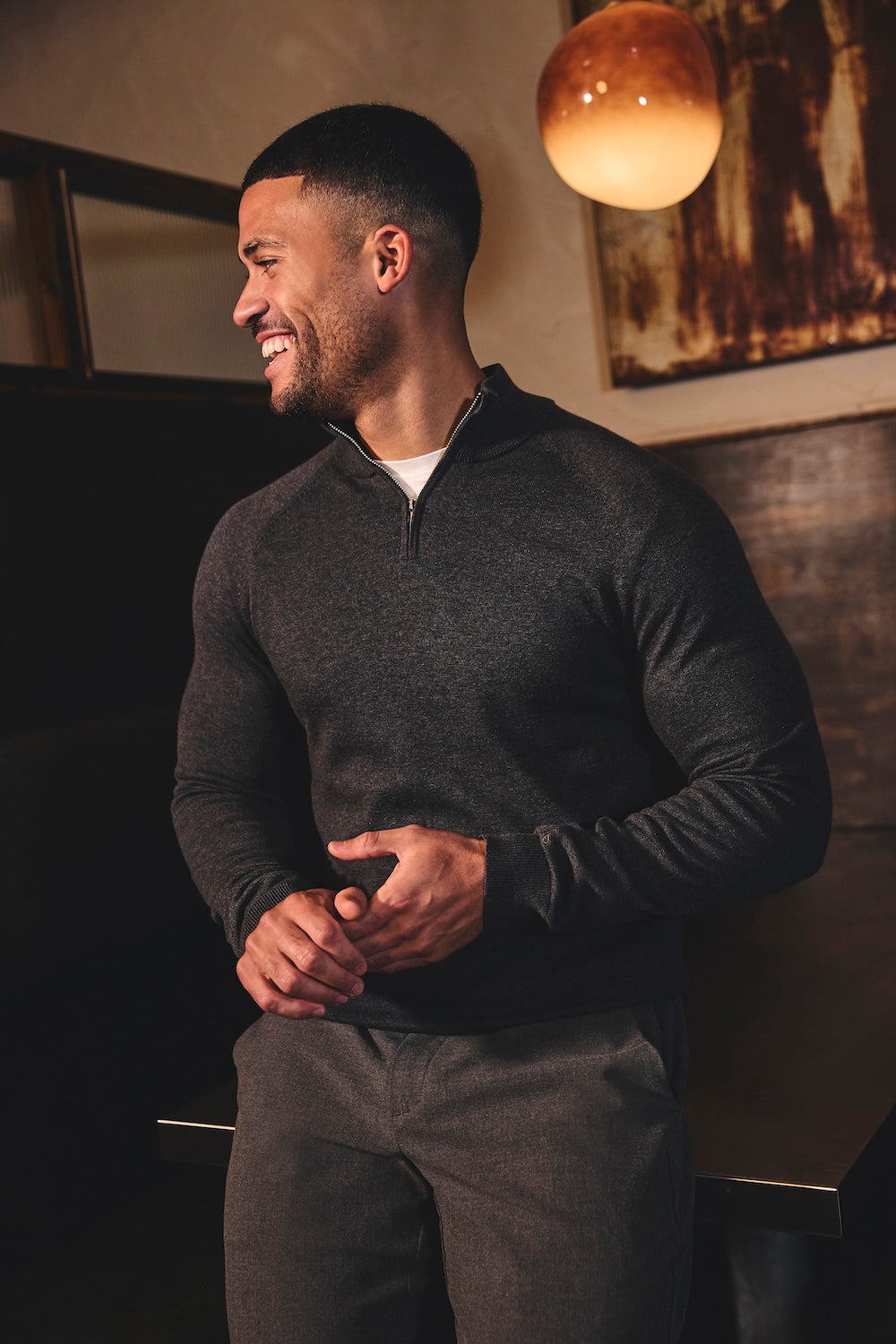 Pure Cotton Knitted Half Zip Neck Sweater in Dark Charcoal Marl