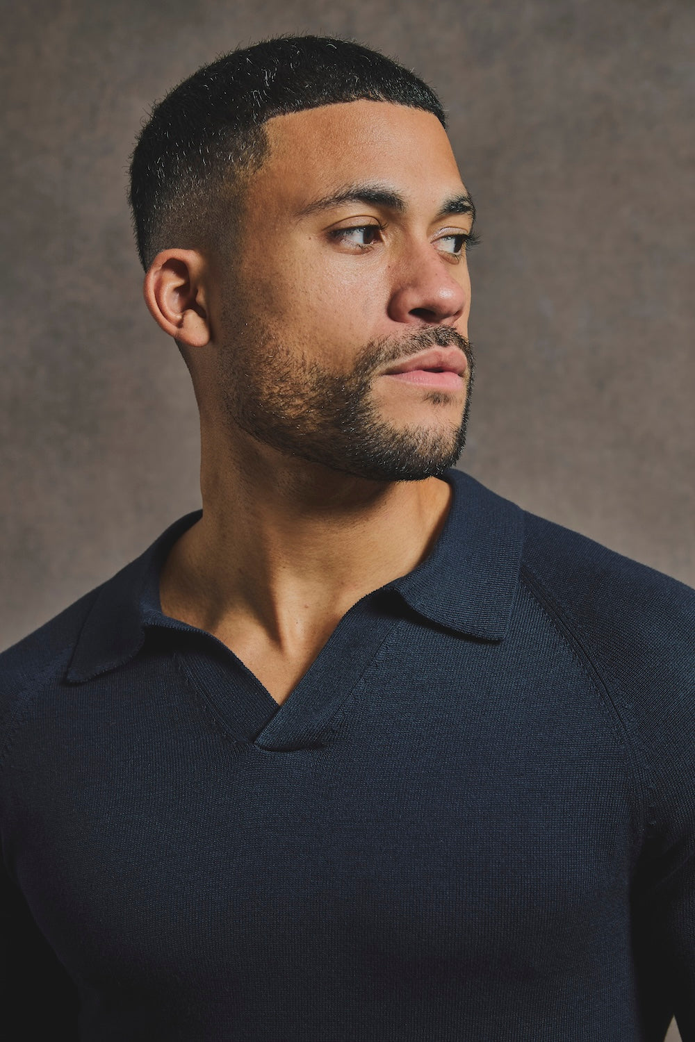 Pure Cotton Knitted Open Collar Polo Shirt in Navy