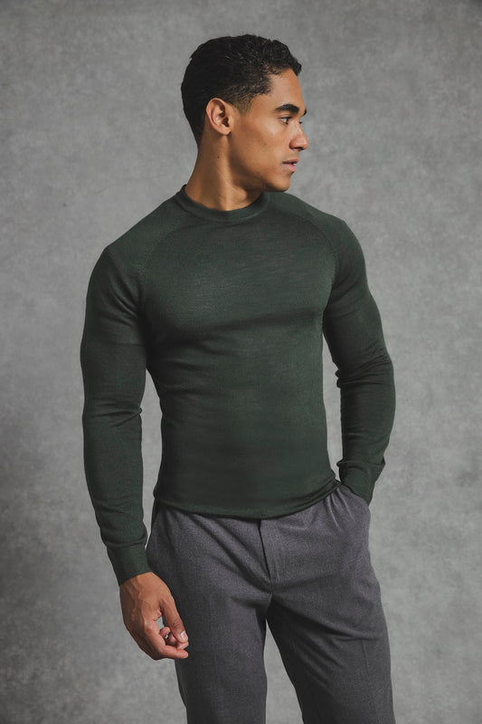 Extra Fine Merino Wool Crew Neck Sweater in Dark Evergreen