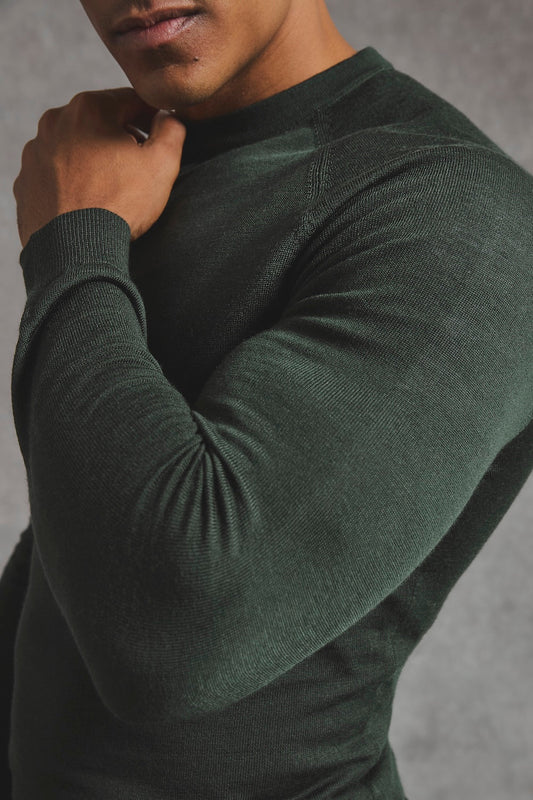Extra Fine Merino Wool Crew Neck Sweater in Dark Evergreen