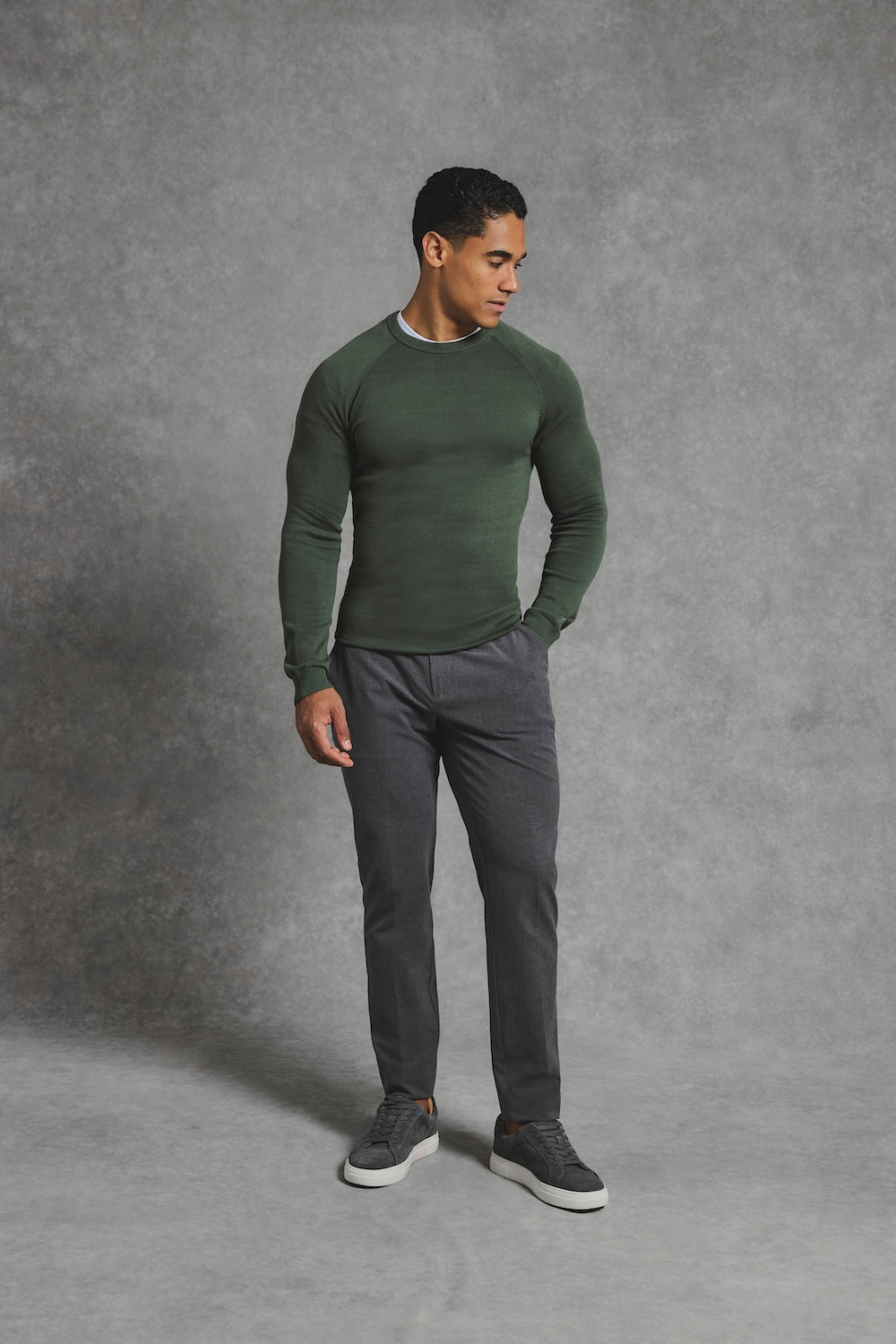 Pure Cotton Knitted Crew Neck Sweater in Khaki