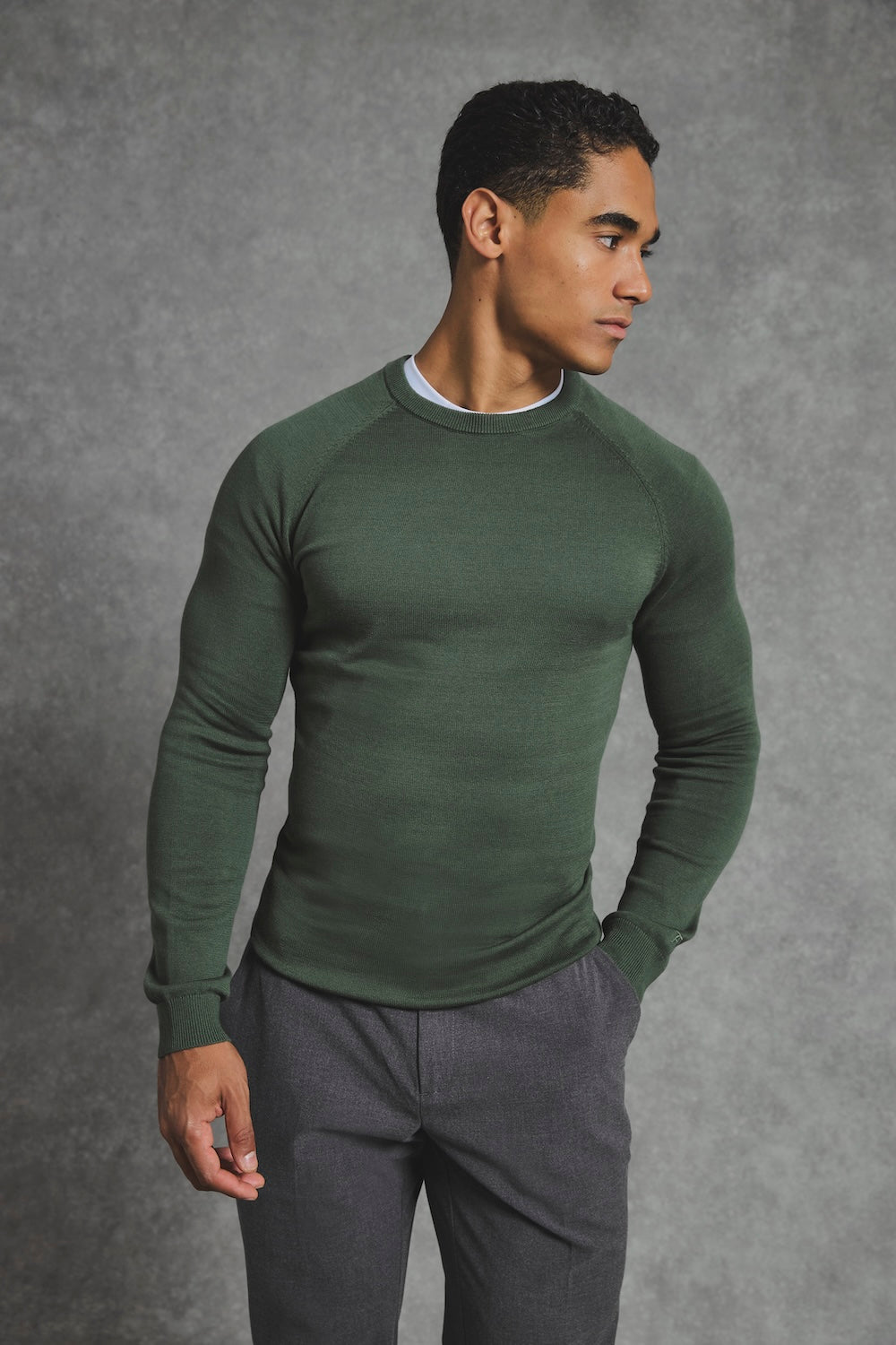 Pure Cotton Knitted Crew Neck Sweater in Khaki