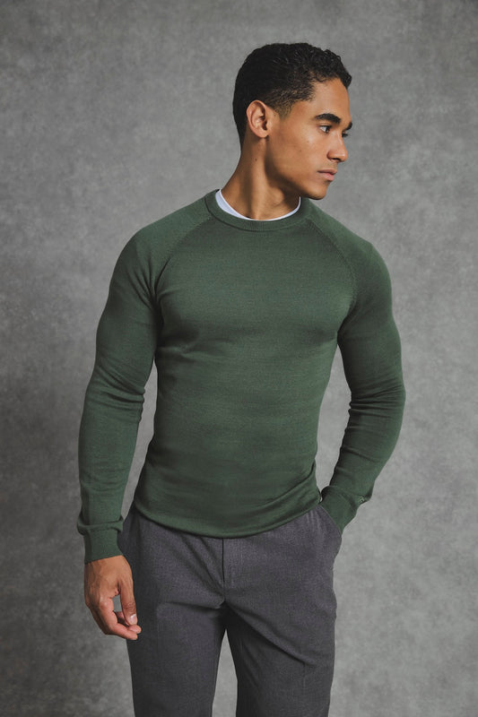 Pure Cotton Knitted Crew Neck Sweater in Khaki