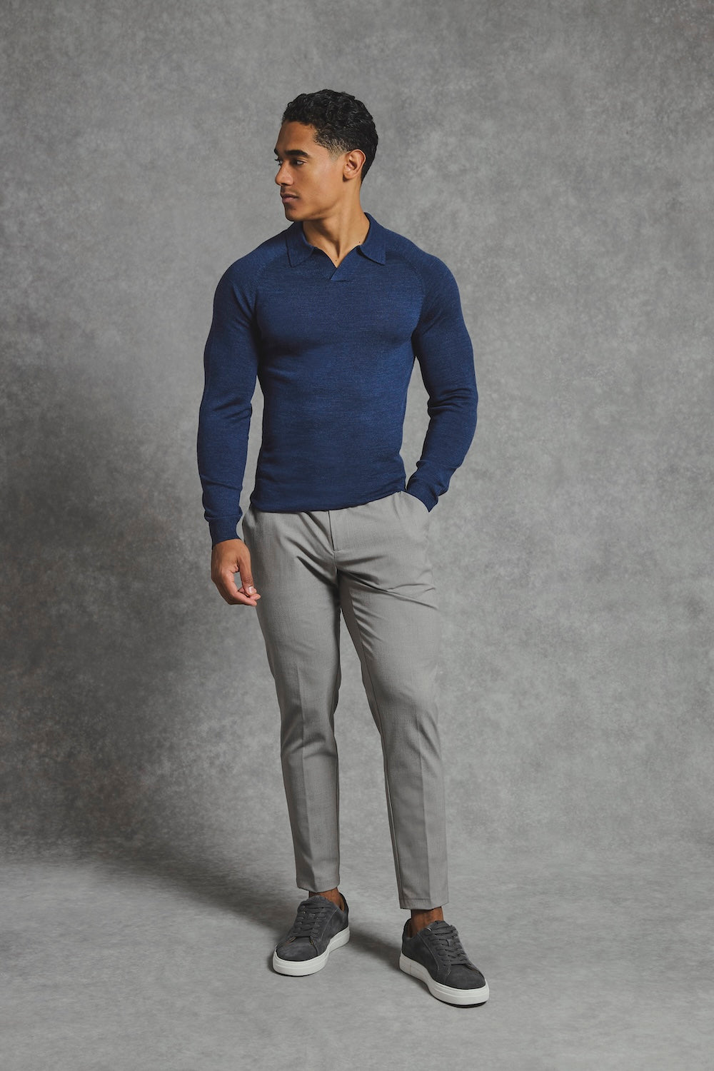 Extra Fine Merino Wool Open Collar Polo Shirt in Denim
