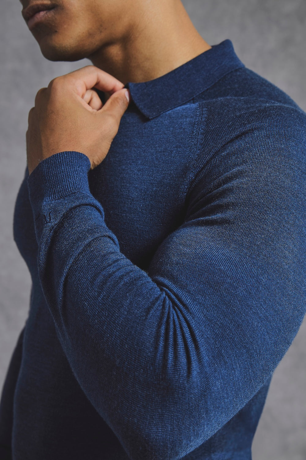 Extra Fine Merino Wool Open Collar Polo Shirt in Denim