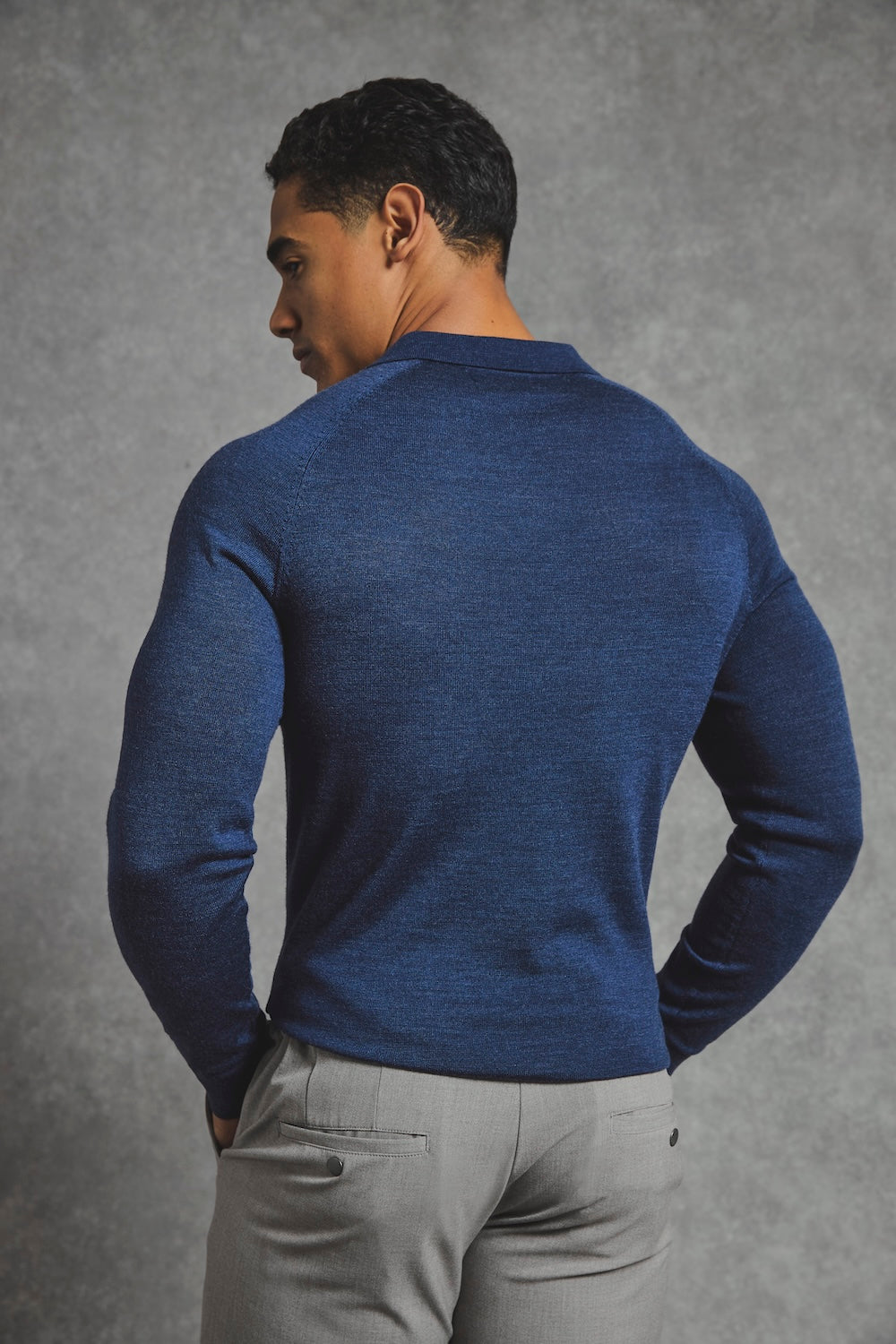 Extra Fine Merino Wool Open Collar Polo Shirt in Denim