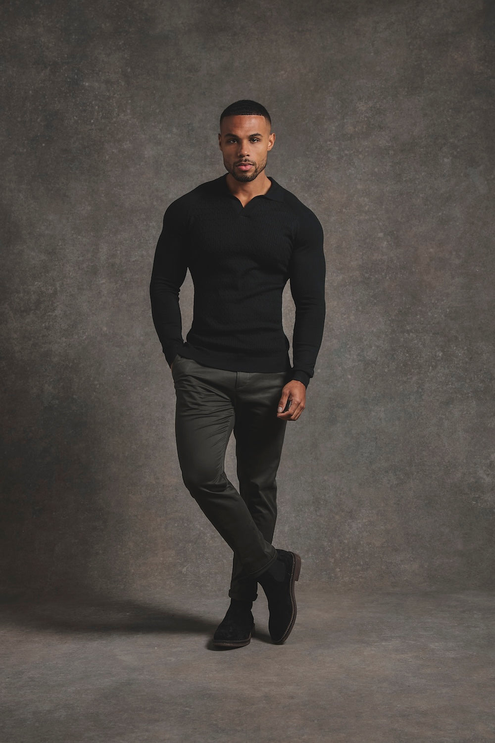 Fine Cable Knitted Polo Shirt in Black