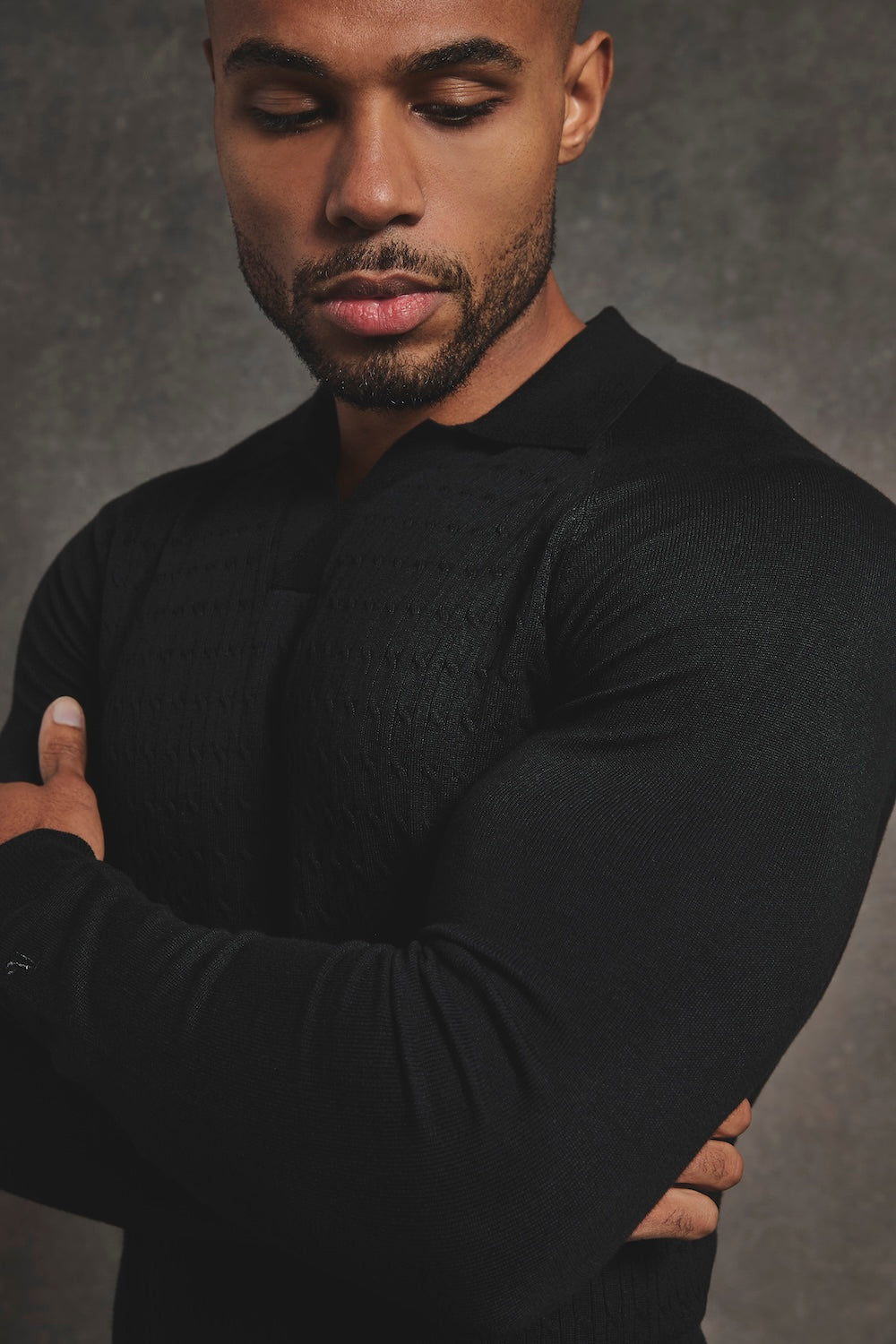 Fine Cable Knitted Polo Shirt in Black