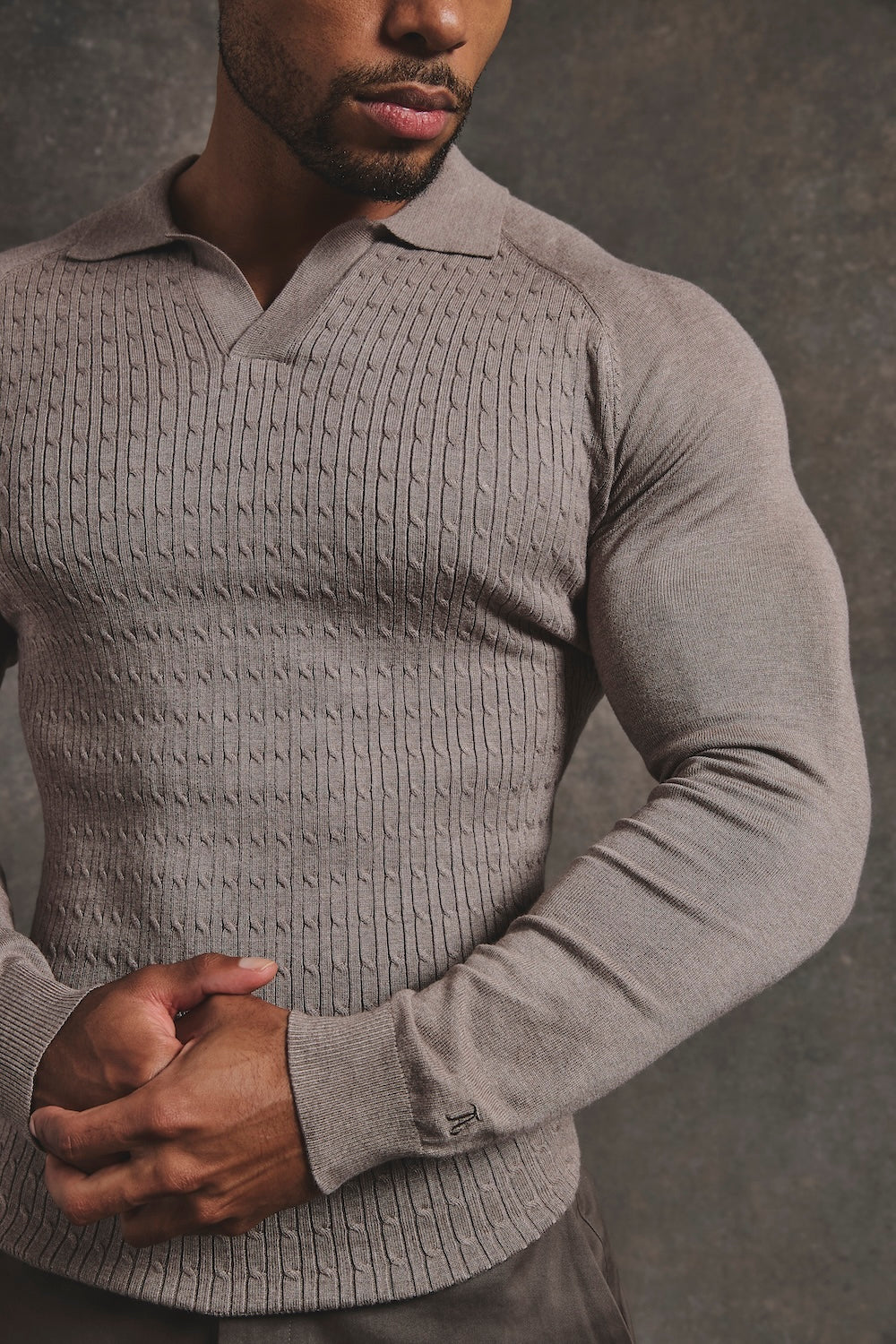 Fine Cable Knitted Polo Shirt in Neutral Marl