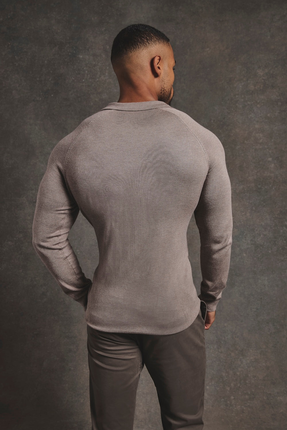 Fine Cable Knitted Polo Shirt in Neutral Marl