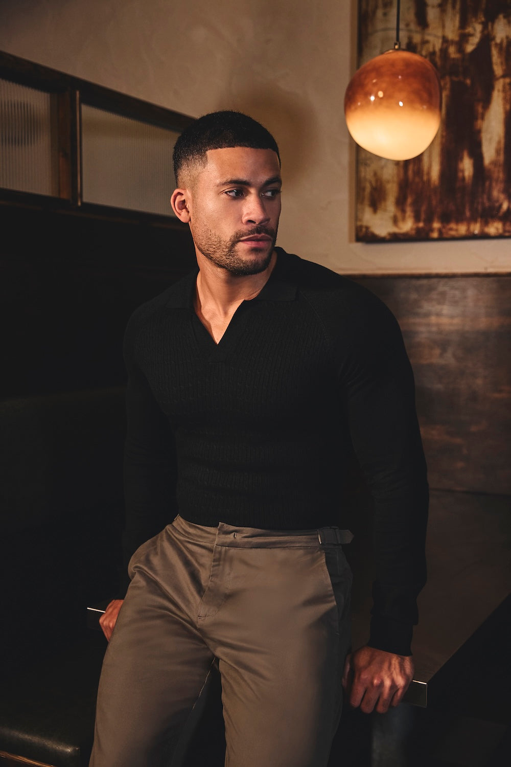 Fine Cable Knitted Polo Shirt in Black