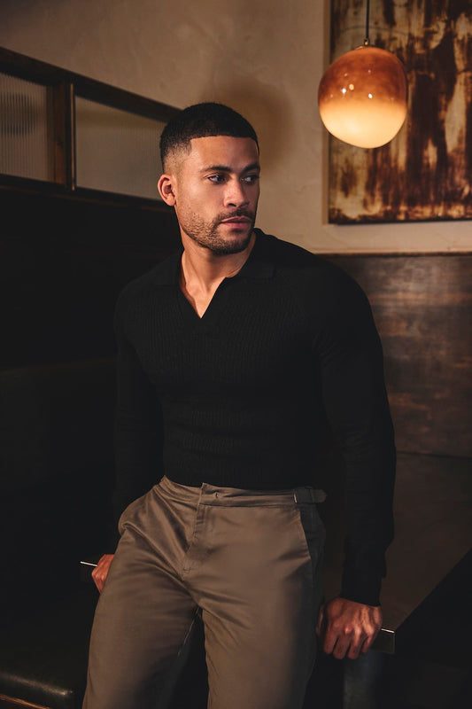 Fine Cable Knitted Polo Shirt in Black