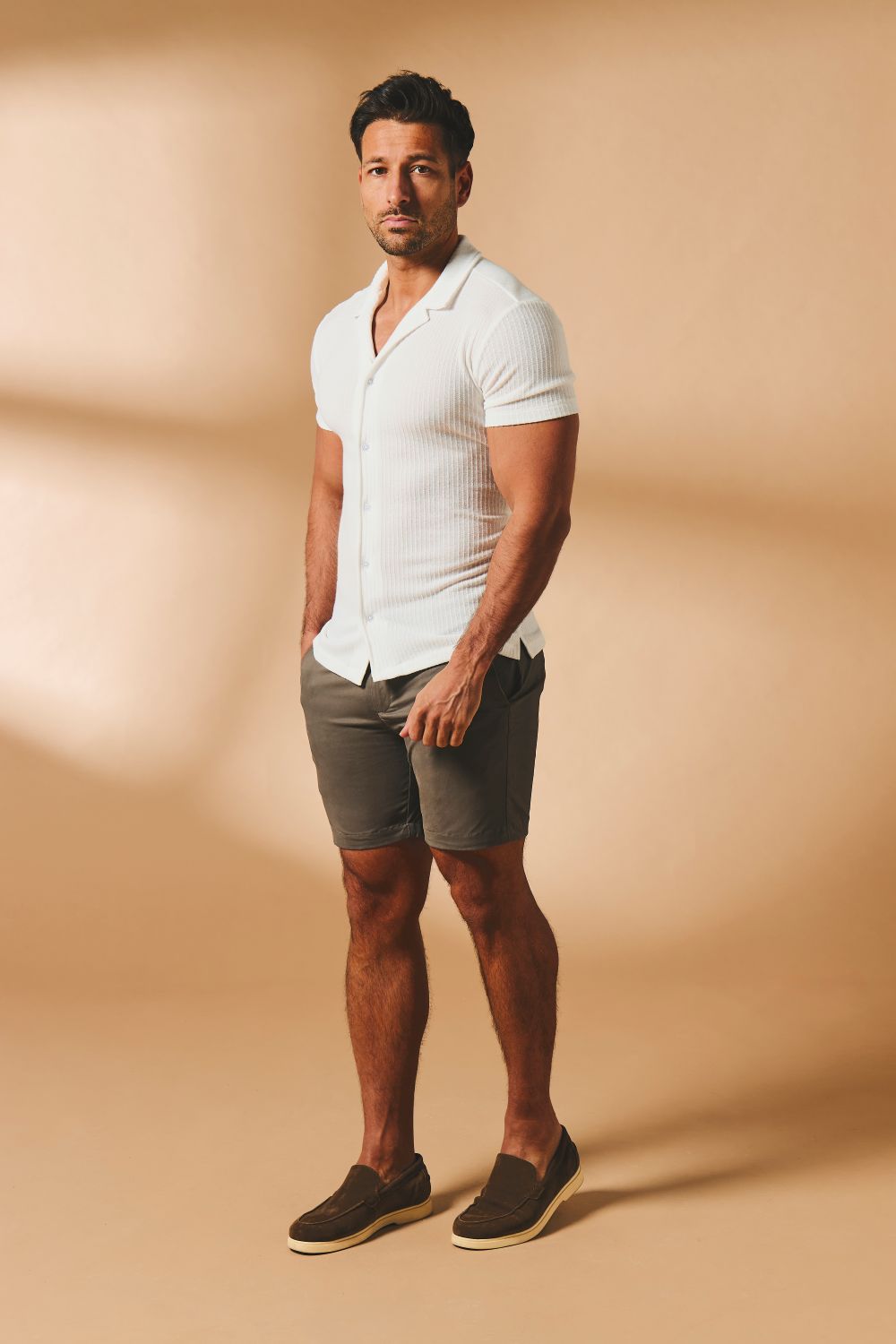 Fine Textured Stripe Cuban Collar Shirt in White