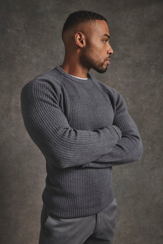 Fisherman Crew Neck Sweater in Iron Grey