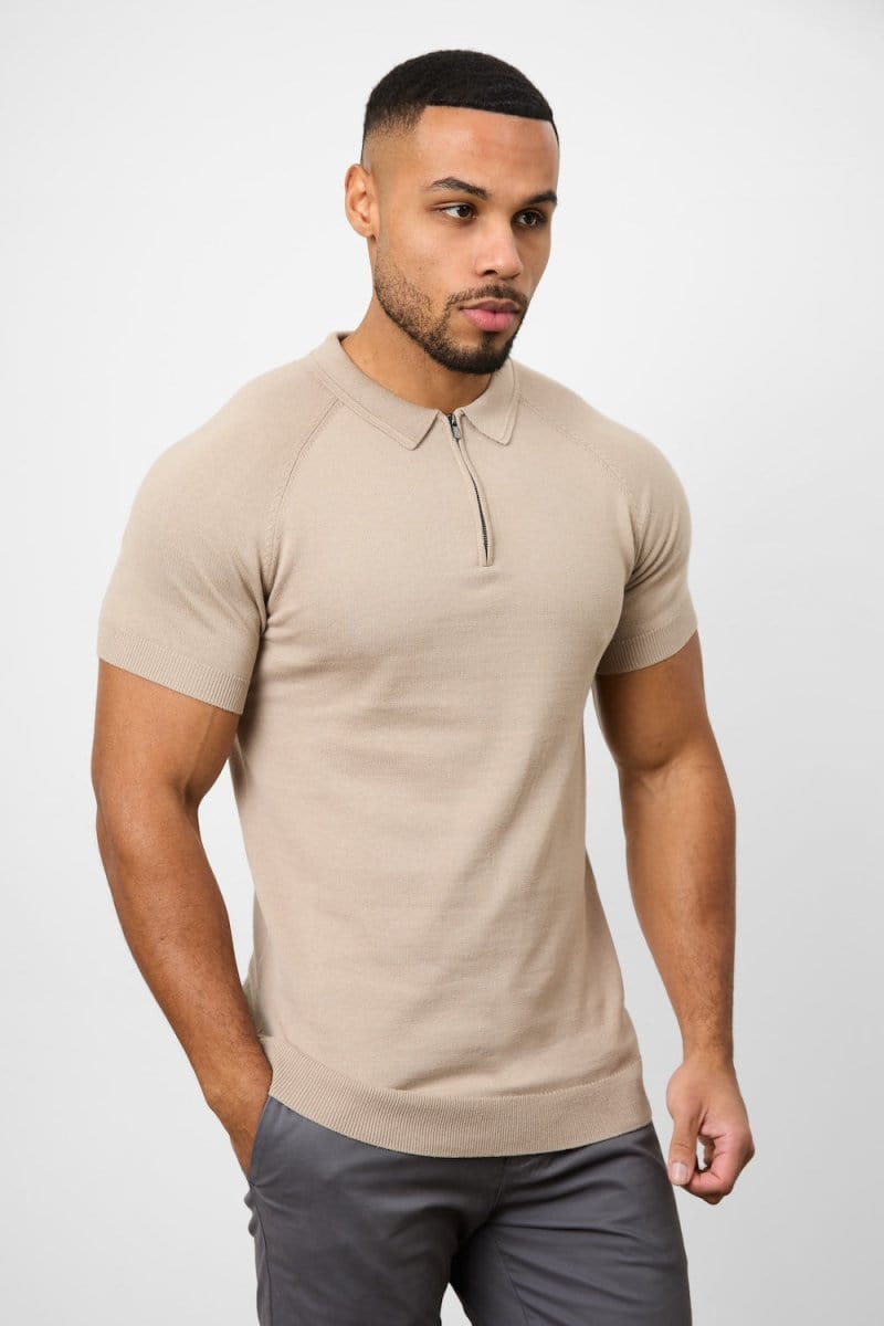 Knitted Zip Polo Shirt in Neutral