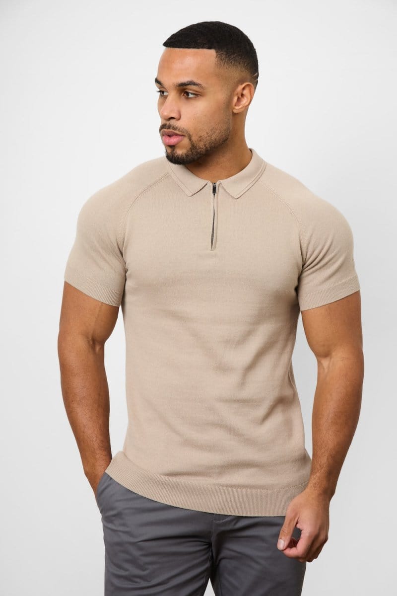 Knitted Zip Polo Shirt in Neutral
