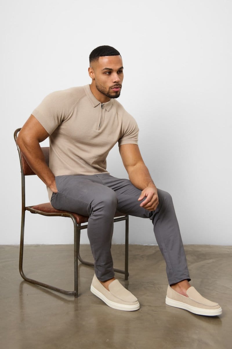 Knitted Zip Polo Shirt in Neutral