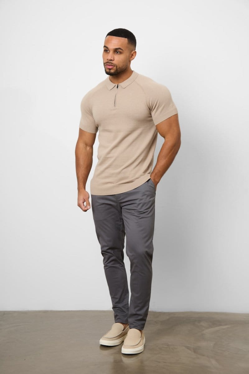 Knitted Zip Polo Shirt in Neutral