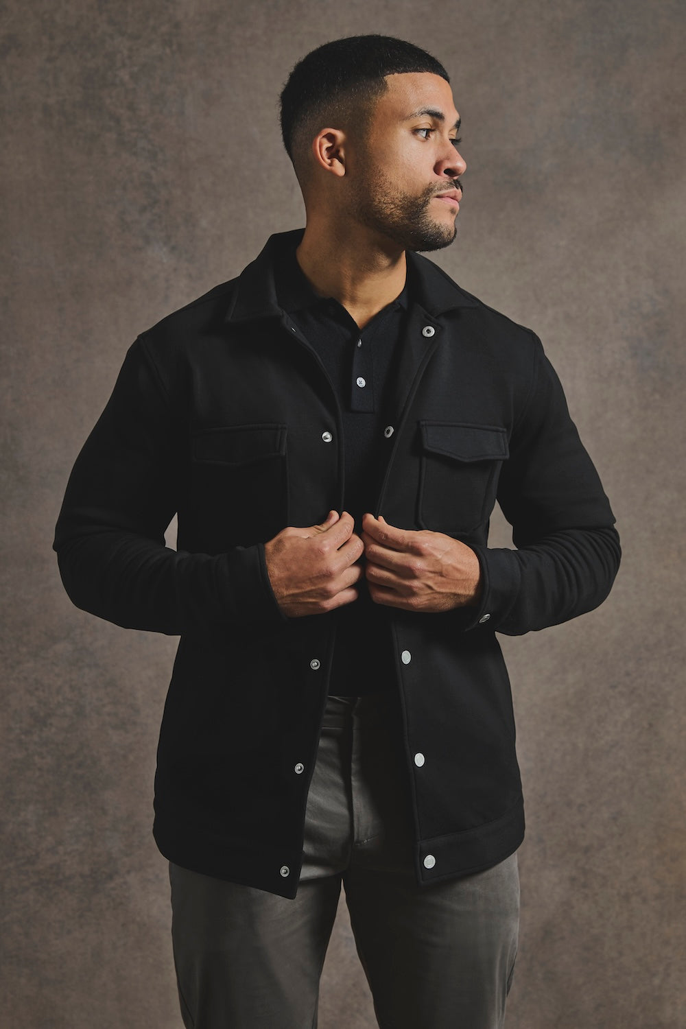 Lined Jersey Shacket in Black