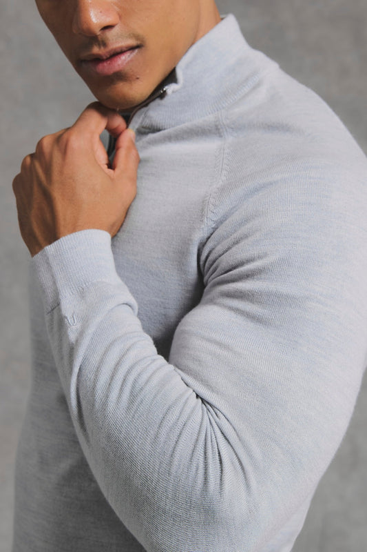 Extra Fine Merino Wool Half Zip Neck Sweater in Dove Grey