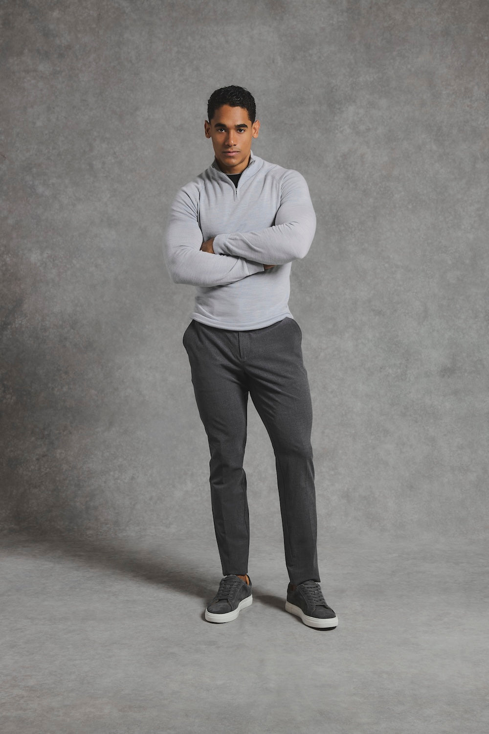 Extra Fine Merino Wool Half Zip Neck Sweater in Dove Grey