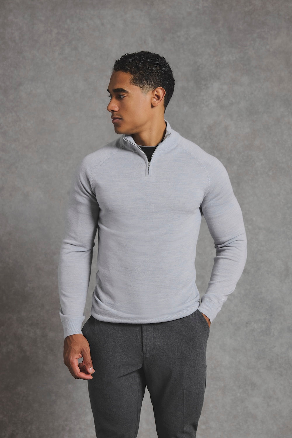 Extra Fine Merino Wool Half Zip Neck Sweater in Dove Grey