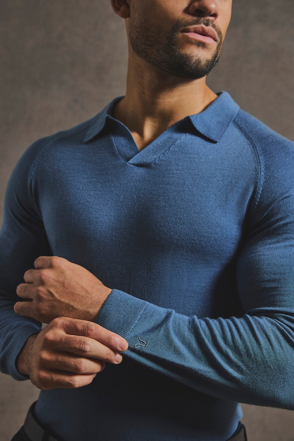 Extra Fine Merino Wool Open Collar Polo Shirt in Airforce Blue