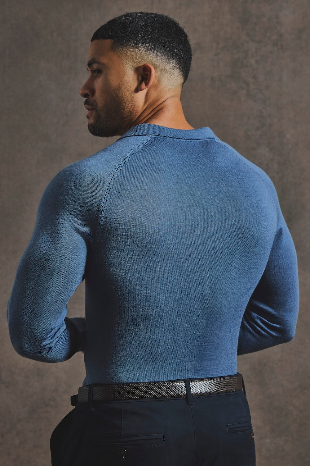 Extra Fine Merino Wool Open Collar Polo Shirt in Airforce Blue